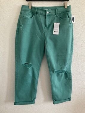 Old Navy Woman’s Boyfriend Mid Rise Jeans Distressed 10 Petite. Green. NWT